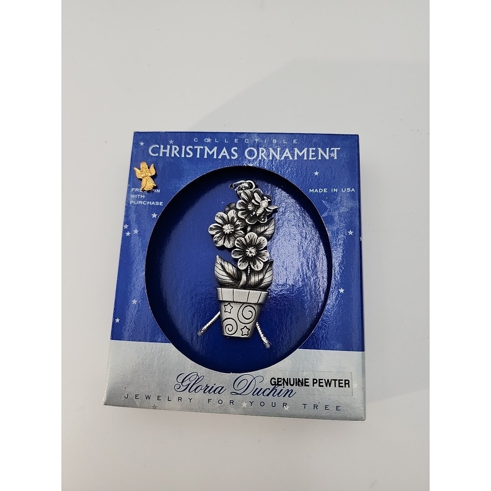 Vintage Gloria Duchin pewter floral flower pot bee Christmas holiday ornament‎